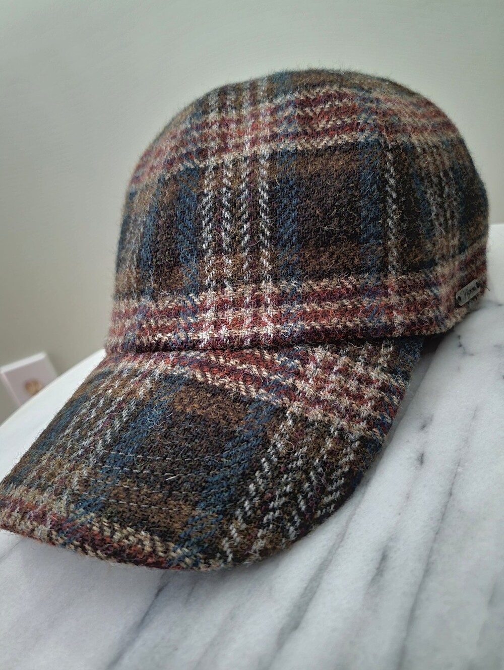 Wigens Magee Tweed Ballcap Rust Blue Plaid Irish Wool Hat